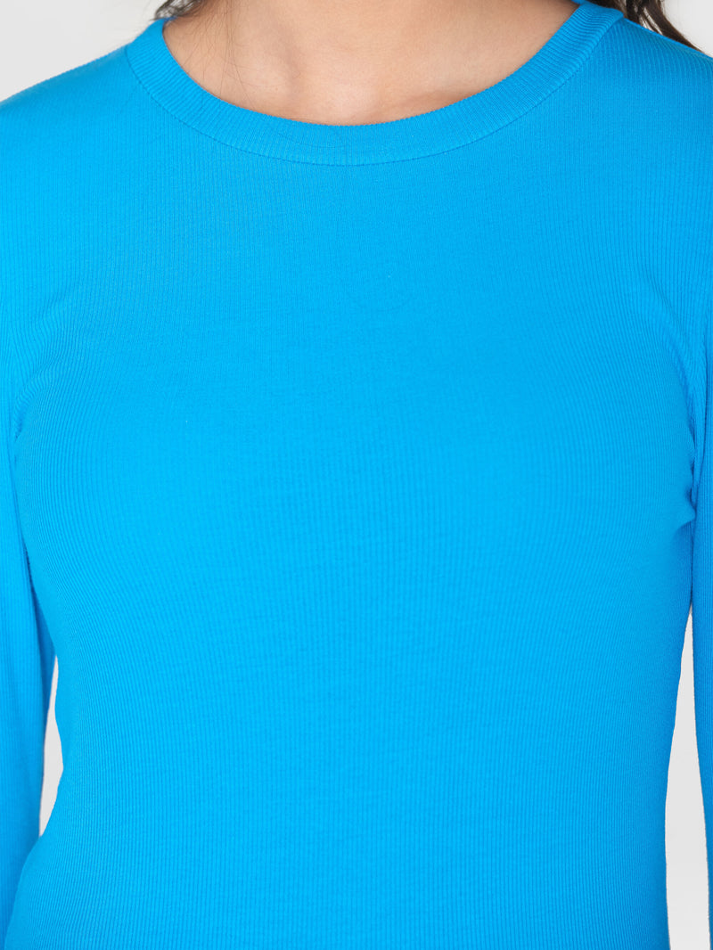 KnowledgeCotton Apparel - WMN Rib Scoop neck long sleeved T-shirts 1445 Malibu Blue