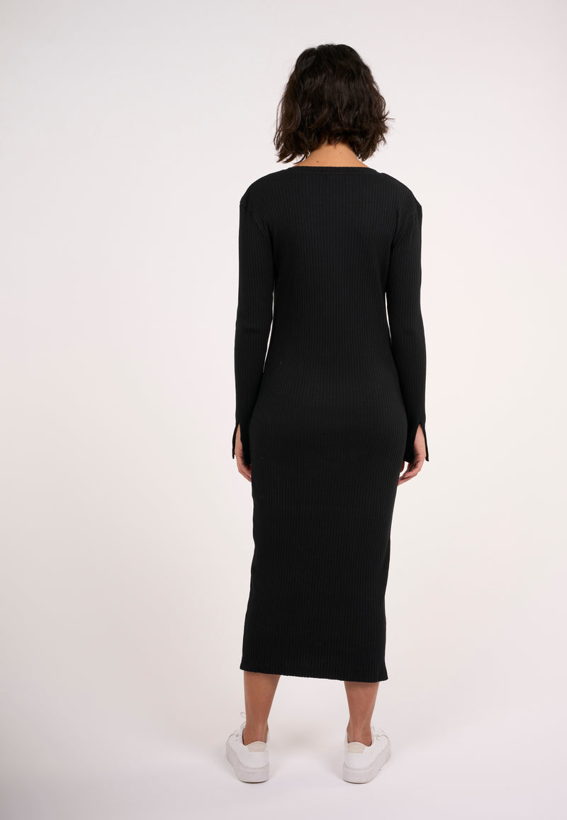 KnowledgeCotton Apparel - WMN Rib crew neck Lenzing™ slit dress Dresses 1300 Black Jet