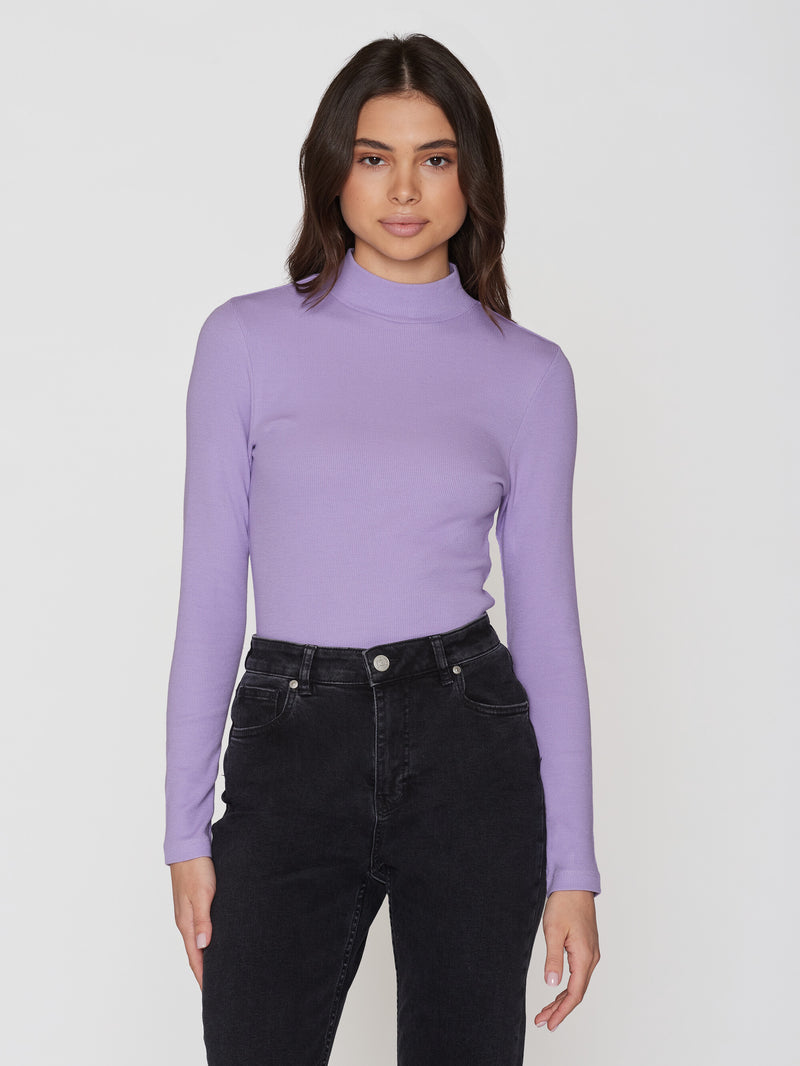 KnowledgeCotton Apparel - WMN Rib high neck LS T-shirts 1418 Violet Tulip