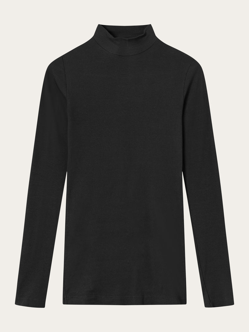 KnowledgeCotton Apparel - WMN Rib high neck long sleeve T-shirts 1300 Black Jet