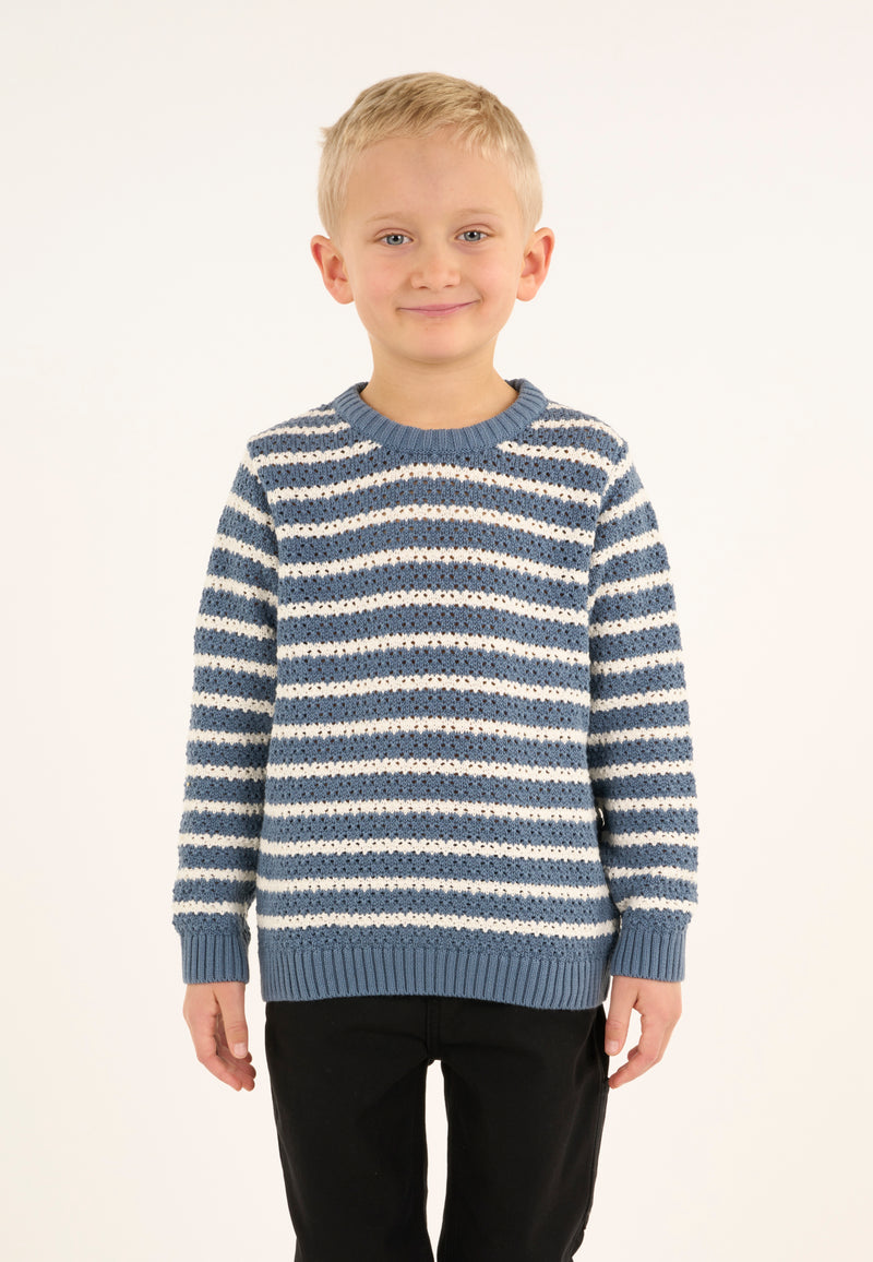 KnowledgeCotton Apparel - YOUNG Striped eyelet crew neck knit Knits 1361 China Blue