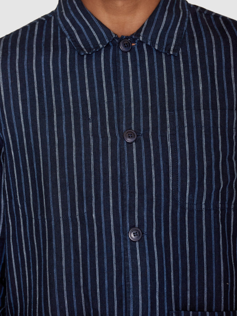 KnowledgeCotton Apparel - MEN Striped linen overshirt Overshirts 8021 Blue stripe