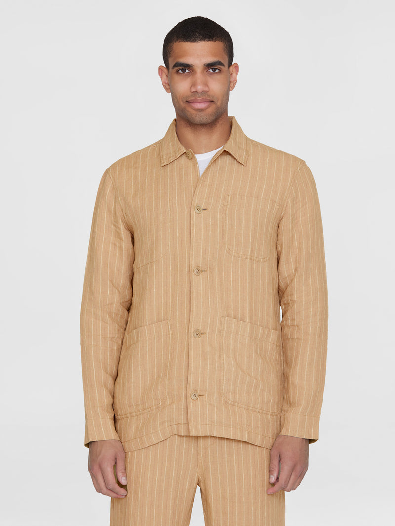 KnowledgeCotton Apparel - MEN Striped linen overshirt Overshirts 8030 Beige stripe