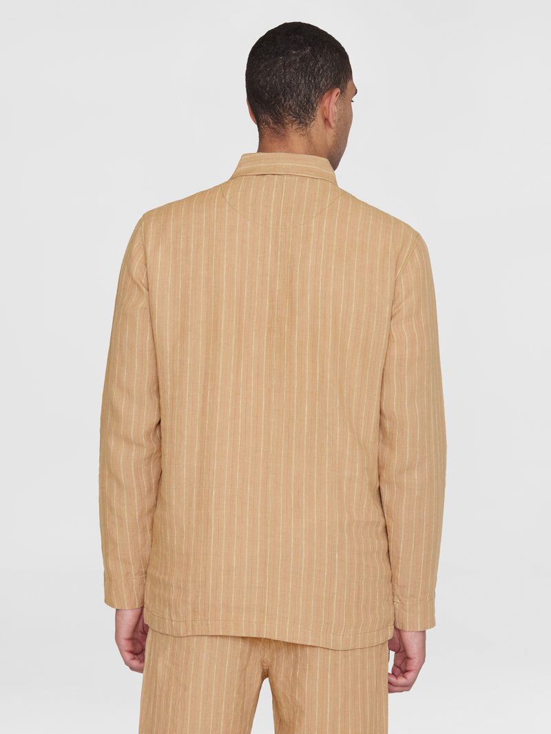 KnowledgeCotton Apparel - MEN Striped linen overshirt Overshirts 8030 Beige stripe