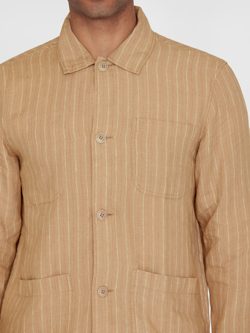 KnowledgeCotton Apparel - MEN Striped linen overshirt Overshirts 8030 Beige stripe