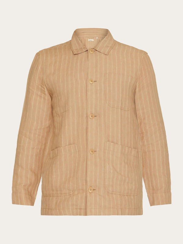 KnowledgeCotton Apparel - MEN Striped linen overshirt Overshirts 8030 Beige stripe