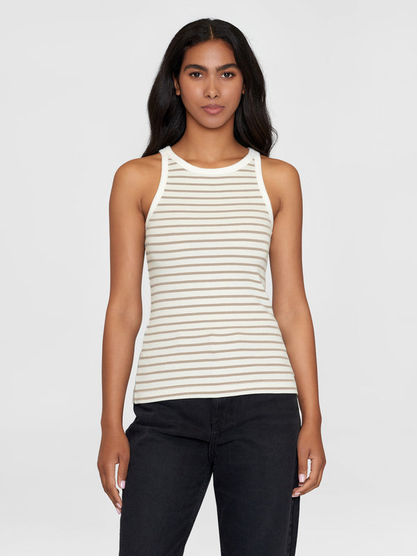 KnowledgeCotton Apparel - WMN Striped racer rib top T-shirts 8030 Beige stripe