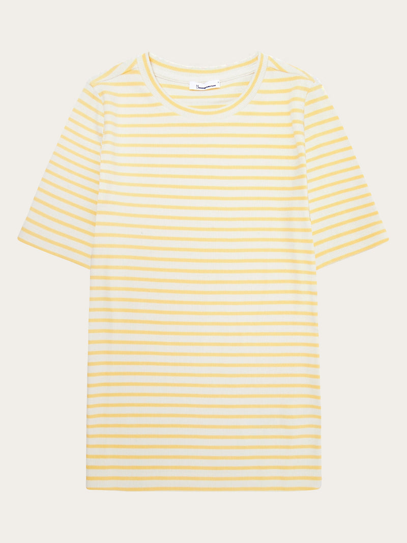 KnowledgeCotton Apparel - WMN Striped rib t-shirt T-shirts 8024 Yellow stripe