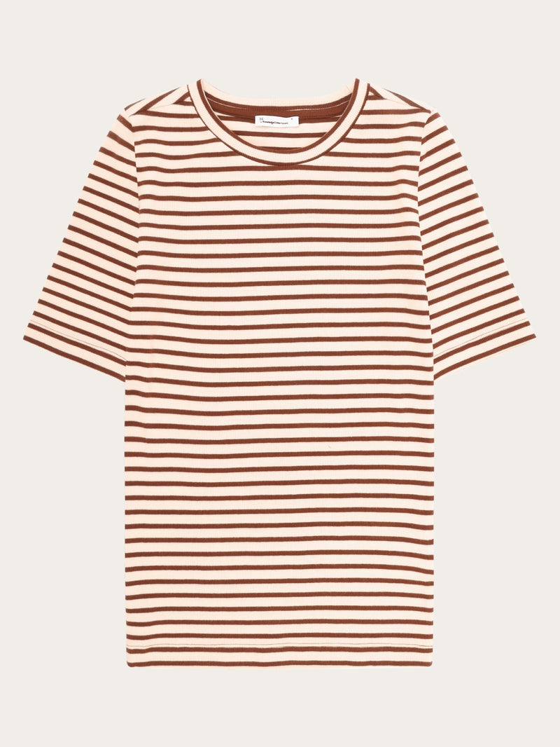 KnowledgeCotton Apparel - WMN Striped rib t-shirt T-shirts 8026 Brown stripe