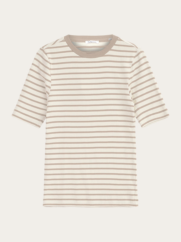 KnowledgeCotton Apparel - WMN Striped rib t-shirt T-shirts 8030 Beige stripe