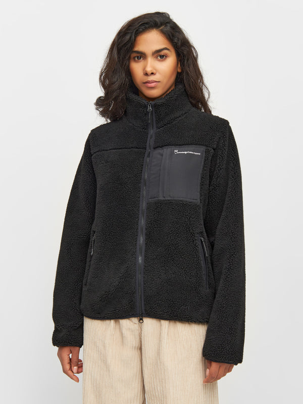 KnowledgeCotton Apparel - WMN Teddy high neck zip jacket Fleeces 1300 Black Jet