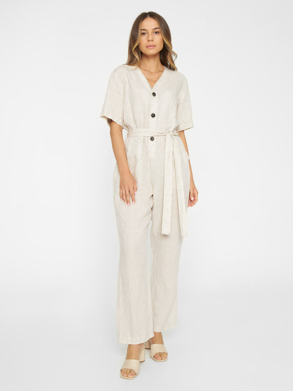 KnowledgeCotton Apparel - WMN V-neck linen jumpsuit Jumpsuits 1228 Light feather gray