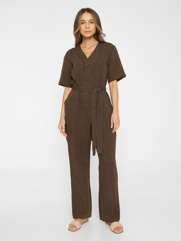 KnowledgeCotton Apparel - WMN V-neck linen jumpsuit Jumpsuits 1388 Cub