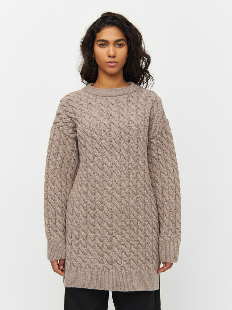 KnowledgeCotton Apparel - WMN Wool cable knit 2-tone Knits 1336 Kelp melange