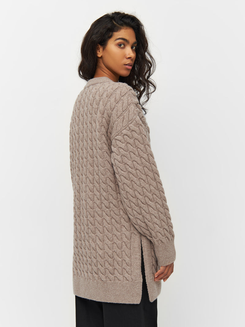 KnowledgeCotton Apparel - WMN Wool cable knit 2-tone Knits 1336 Kelp melange