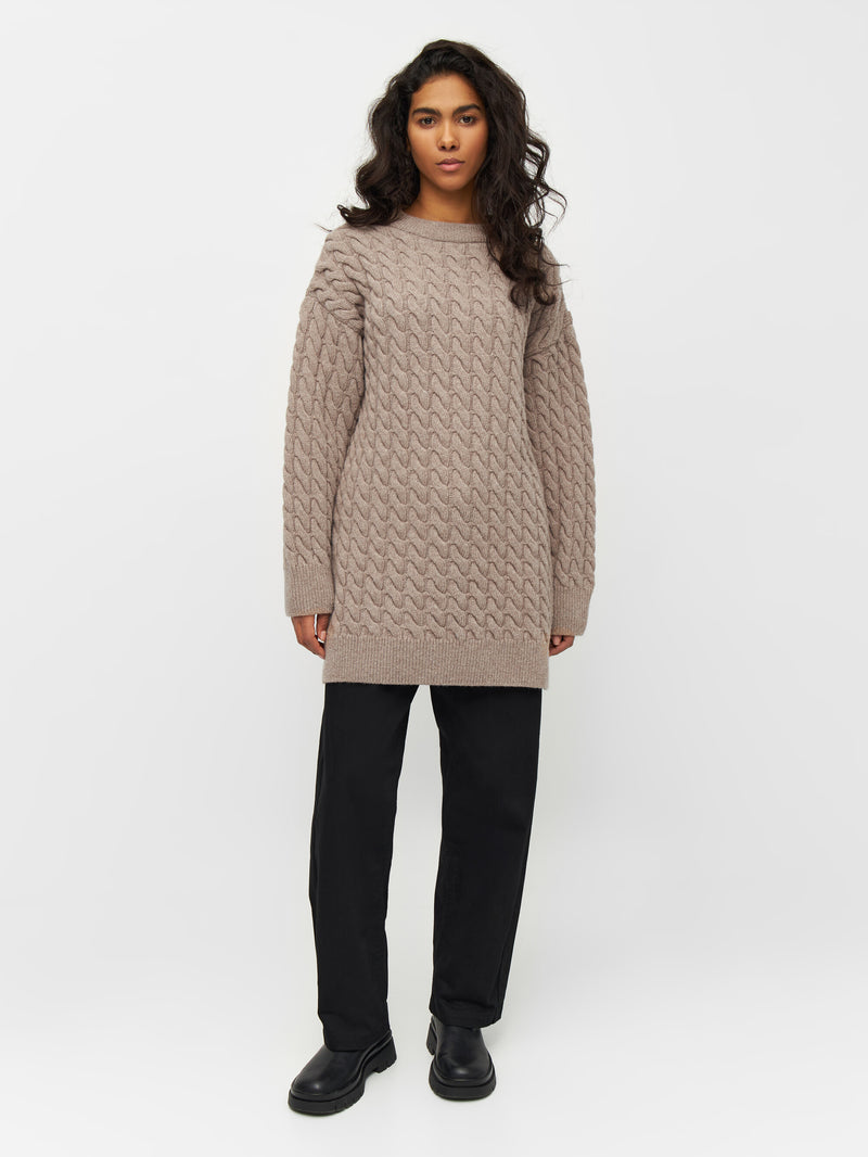 KnowledgeCotton Apparel - WMN Wool cable knit 2-tone Knits 1336 Kelp melange