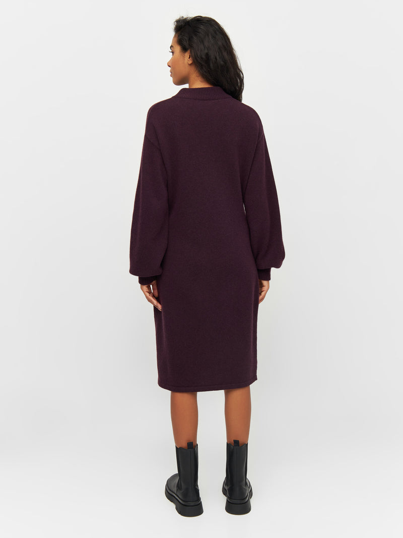 KnowledgeCotton Apparel - WMN Wool crew neck mid length dress Dresses 1394 Chocolate Plum