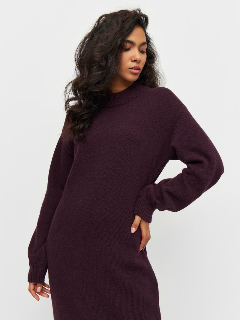 KnowledgeCotton Apparel - WMN Wool crew neck mid length dress Dresses 1394 Chocolate Plum