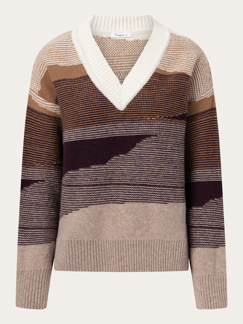 KnowledgeCotton Apparel - WMN Wool landscape pattern v-neck knit Knits 9926 Brown AOP