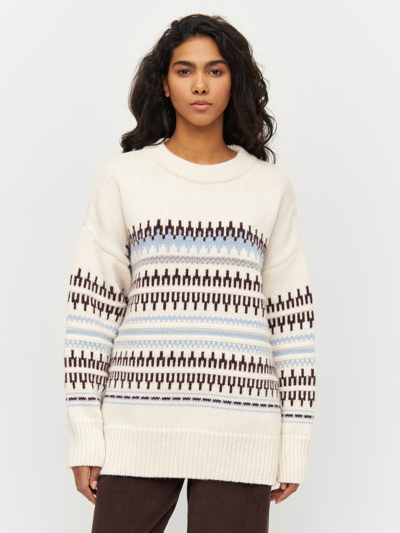 KnowledgeCotton Apparel - WMN Wool pattern boxy crew neck Knits 8020 White stripe