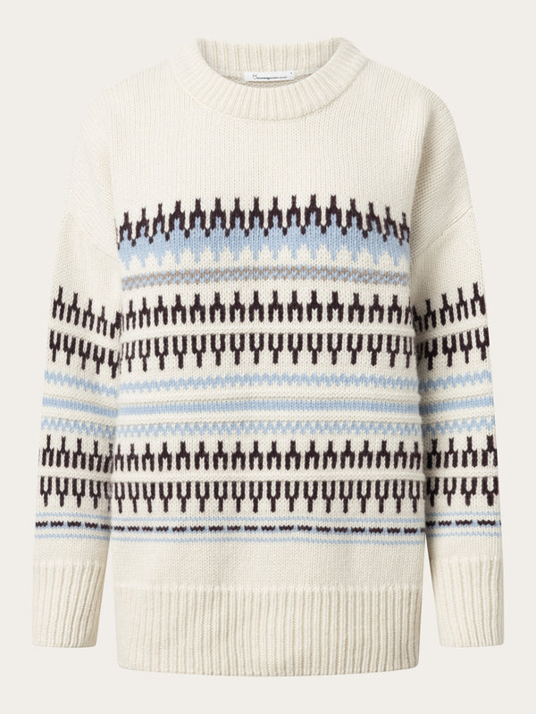 KnowledgeCotton Apparel - WMN Wool pattern boxy crew neck Knits 8020 White stripe