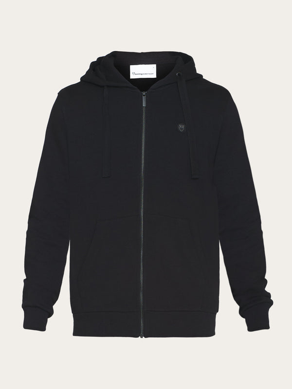 KnowledgeCotton Apparel - MEN Zip hood kangaroo badge sweat Sweats 1300 Black Jet